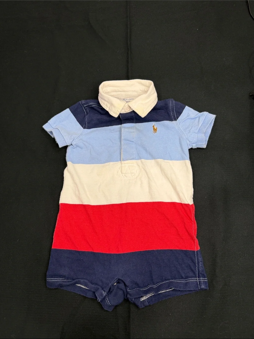 RALPH LAUREN RUGBY STRIPED 100% COTTON COLLARED ROMPER SIZE 6 MONTHS